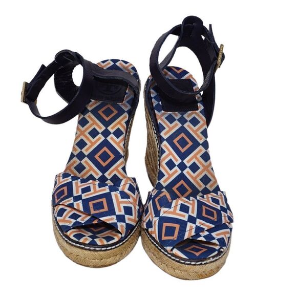 Tory Burch Criss Cross Blue and Orange Espadrille Wedges, Size 8 - Picture 3 of 11